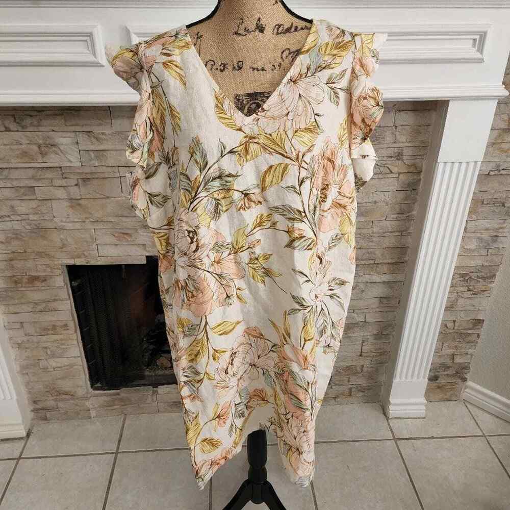 Nicole Miller 100% linen floral tropical beach‎ flutter sleeve dress plus 1X